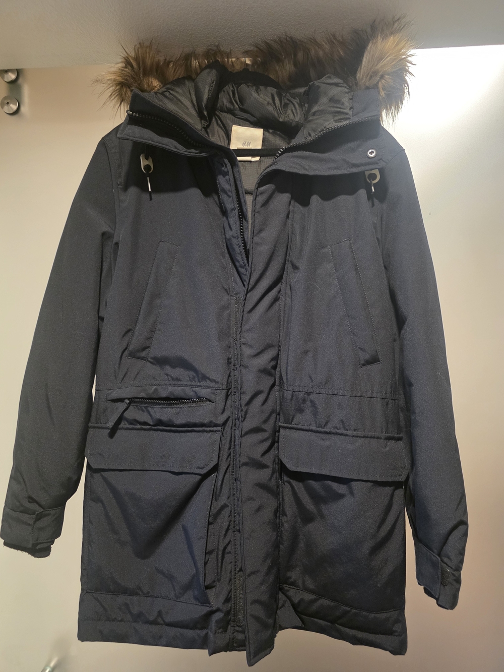 H&M Black Hooded Puffer Parka with Faux Fur Trim